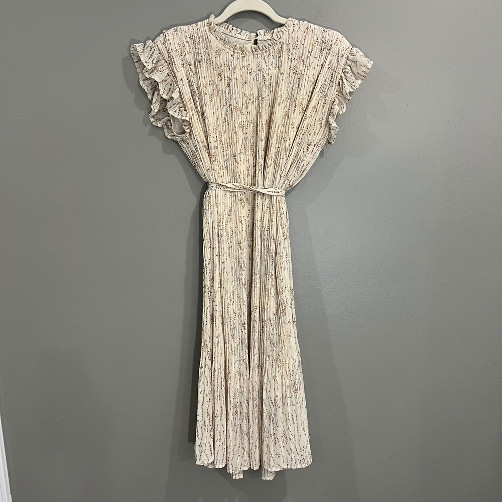 Orange Creek Midi Dress Women M Cream Floral Great Pleated Ruffle Flutter Sleeve